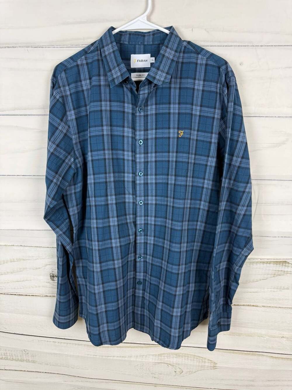 Farah Men's Slim Fit Blue Plaid Long Sleeve Button Down Shirt